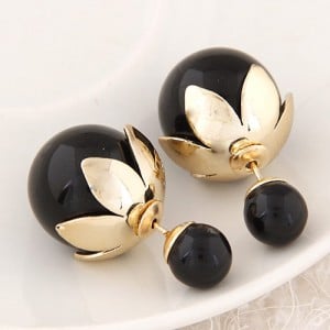 Golden Lotus Leaf Embellished Fruit Design Fashion Ear Studs - Black