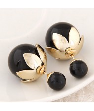 Golden Lotus Leaf Embellished Fruit Design Fashion Ear Studs - Black