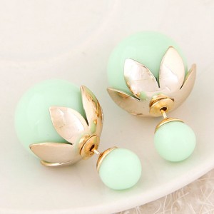 Golden Lotus Leaf Embellished Fruit Design Fashion Ear Studs - Green