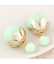 Golden Lotus Leaf Embellished Fruit Design Fashion Ear Studs - Green