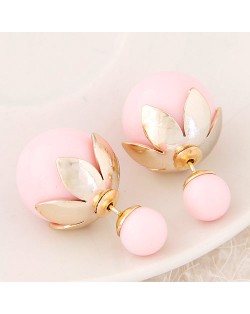 Golden Lotus Leaf Embellished Fruit Design Fashion Ear Studs - Pink