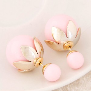 Golden Lotus Leaf Embellished Fruit Design Fashion Ear Studs - Pink