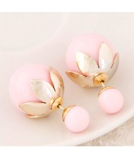 Golden Lotus Leaf Embellished Fruit Design Fashion Ear Studs - Pink