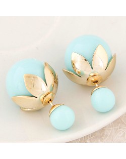 Golden Lotus Leaf Embellished Fruit Design Fashion Ear Studs - Light Green