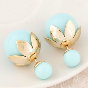 Golden Lotus Leaf Embellished Fruit Design Fashion Ear Studs - Light Green