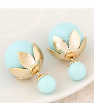 Golden Lotus Leaf Embellished Fruit Design Fashion Ear Studs - Light Green
