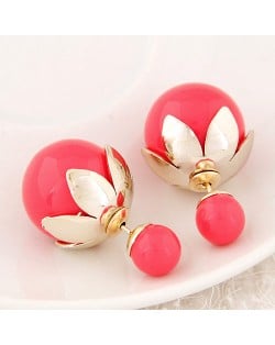Golden Lotus Leaf Embellished Fruit Design Fashion Ear Studs - Red
