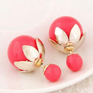 Golden Lotus Leaf Embellished Fruit Design Fashion Ear Studs - Red