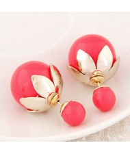 Golden Lotus Leaf Embellished Fruit Design Fashion Ear Studs - Red