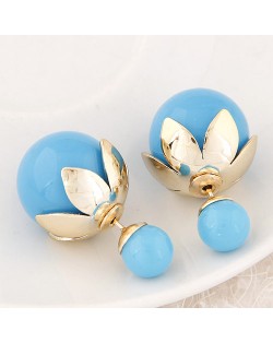 Golden Lotus Leaf Embellished Fruit Design Fashion Ear Studs - Blue