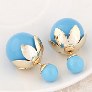 Golden Lotus Leaf Embellished Fruit Design Fashion Ear Studs - Blue