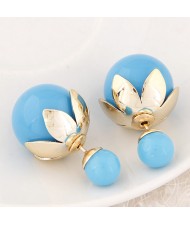 Golden Lotus Leaf Embellished Fruit Design Fashion Ear Studs - Blue