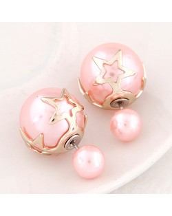 Golden Stars Attached Twin Asymmetric Balls Design Ear Studs - Pink