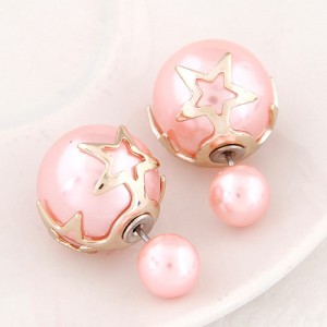 Golden Stars Attached Twin Asymmetric Balls Design Ear Studs - Pink
