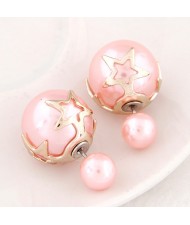 Golden Stars Attached Twin Asymmetric Balls Design Ear Studs - Pink