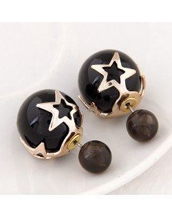 Golden Stars Attached Twin Asymmetric Balls Design Ear Studs - Black