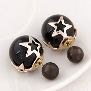 Golden Stars Attached Twin Asymmetric Balls Design Ear Studs - Black