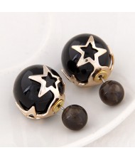 Golden Stars Attached Twin Asymmetric Balls Design Ear Studs - Black