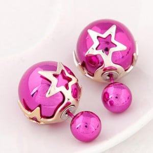 Golden Stars Attached Twin Asymmetric Balls Design Ear Studs - Fuchsia