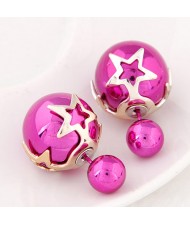Golden Stars Attached Twin Asymmetric Balls Design Ear Studs - Fuchsia