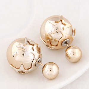 Golden Stars Attached Twin Asymmetric Balls Design Ear Studs - Golden