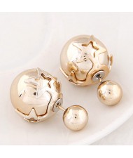Golden Stars Attached Twin Asymmetric Balls Design Ear Studs - Golden