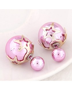 Golden Stars Attached Twin Asymmetric Balls Design Ear Studs - Violet