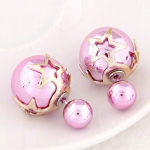 Golden Stars Attached Twin Asymmetric Balls Design Ear Studs - Violet