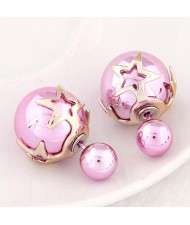 Golden Stars Attached Twin Asymmetric Balls Design Ear Studs - Violet