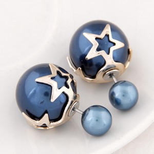 Golden Stars Attached Twin Asymmetric Balls Design Ear Studs - Ink Blue