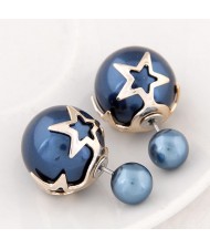 Golden Stars Attached Twin Asymmetric Balls Design Ear Studs - Ink Blue