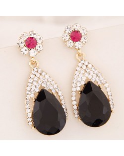 Luxurious Rhinestone and Glass Gem Flower and Waterdrop Design Dangling Earrings - Black