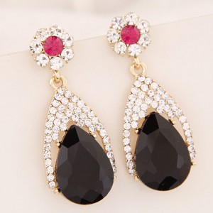 Luxurious Rhinestone and Glass Gem Flower and Waterdrop Design Dangling Earrings - Black
