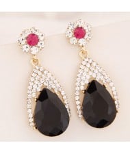 Luxurious Rhinestone and Glass Gem Flower and Waterdrop Design Dangling Earrings - Black