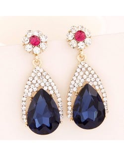 Luxurious Rhinestone and Glass Gem Flower and Waterdrop Design Dangling Earrings - Ink Blue