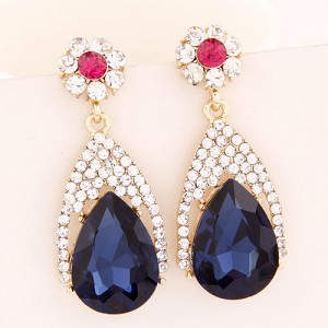 Luxurious Rhinestone and Glass Gem Flower and Waterdrop Design Dangling Earrings - Ink Blue