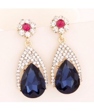 Luxurious Rhinestone and Glass Gem Flower and Waterdrop Design Dangling Earrings - Ink Blue