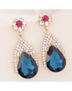 Luxurious Rhinestone and Glass Gem Flower and Waterdrop Design Dangling Earrings - Blue