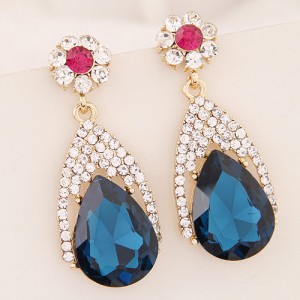 Luxurious Rhinestone and Glass Gem Flower and Waterdrop Design Dangling Earrings - Blue