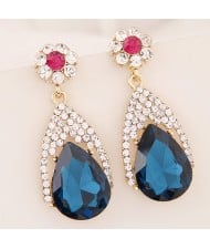 Luxurious Rhinestone and Glass Gem Flower and Waterdrop Design Dangling Earrings - Blue