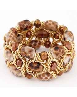 Stone Texture Beads with Golden Alloy Wire Weaving Style Fashion Bracelet - Brown