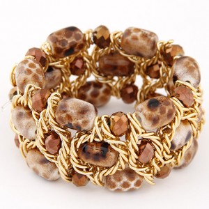 Stone Texture Beads with Golden Alloy Wire Weaving Style Fashion Bracelet - Brown
