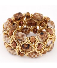 Stone Texture Beads with Golden Alloy Wire Weaving Style Fashion Bracelet - Brown