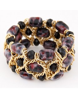 Stone Texture Beads with Golden Alloy Wire Weaving Style Fashion Bracelet - Black