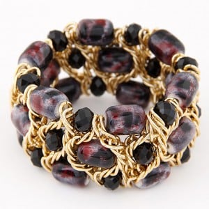 Stone Texture Beads with Golden Alloy Wire Weaving Style Fashion Bracelet - Black