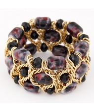 Stone Texture Beads with Golden Alloy Wire Weaving Style Fashion Bracelet - Black