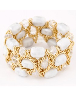 Stone Texture Beads with Golden Alloy Wire Weaving Style Fashion Bracelet - White