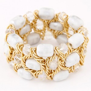 Stone Texture Beads with Golden Alloy Wire Weaving Style Fashion Bracelet - White