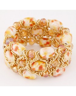 Stone Texture Beads with Golden Alloy Wire Weaving Style Fashion Bracelet - Yellow