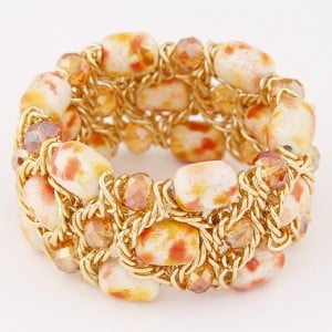 Stone Texture Beads with Golden Alloy Wire Weaving Style Fashion Bracelet - Yellow